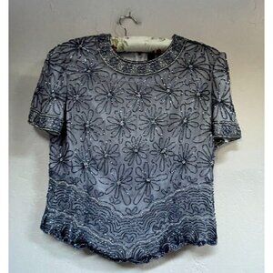 Vintage Cote d Azur Evening Formal Silk Beaded Short Sleeve Top Black Large